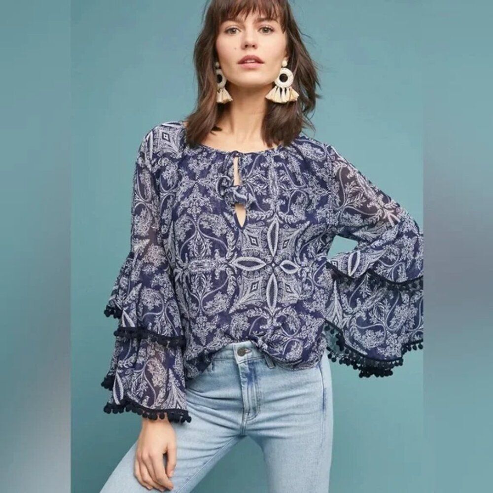 MISA Maya Blue Chiffon Top Tiered Pom Bell Sleeves Blue Paisley Peasant Blouse S